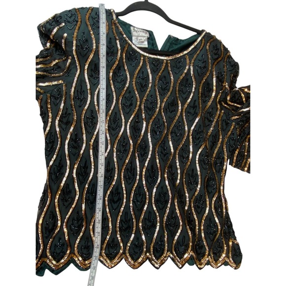 Stenay Vintage Formal Silk Top Green Gold Size Womens Size XL‎ Sequin Round Neck - Picture 8 of 10